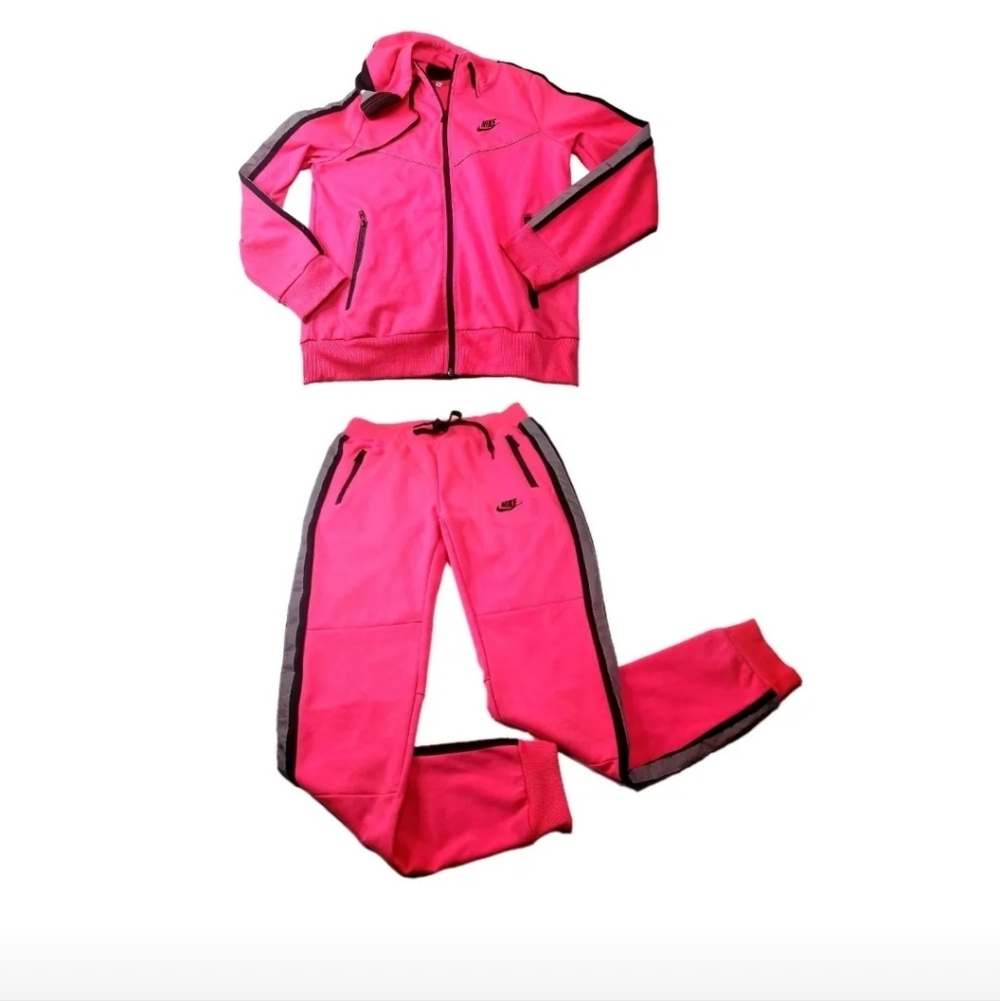 Vintage Nike Track Set Jacket & Pants Womens Large Pink Hooded Swoosh Drawstring